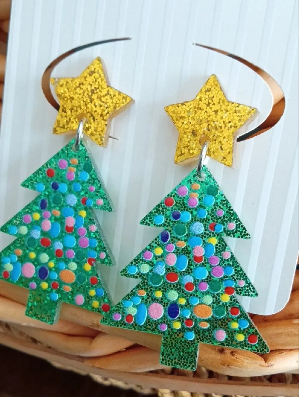 Festive Green Glitter Christmas Tree Earrings with Gold Star